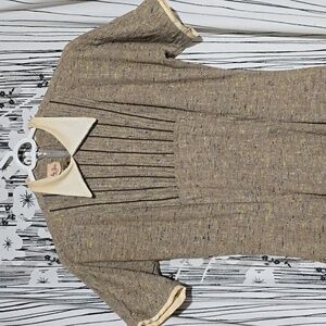 Vintage 1950s heavy woven midi dress yellow&blue detail on brown